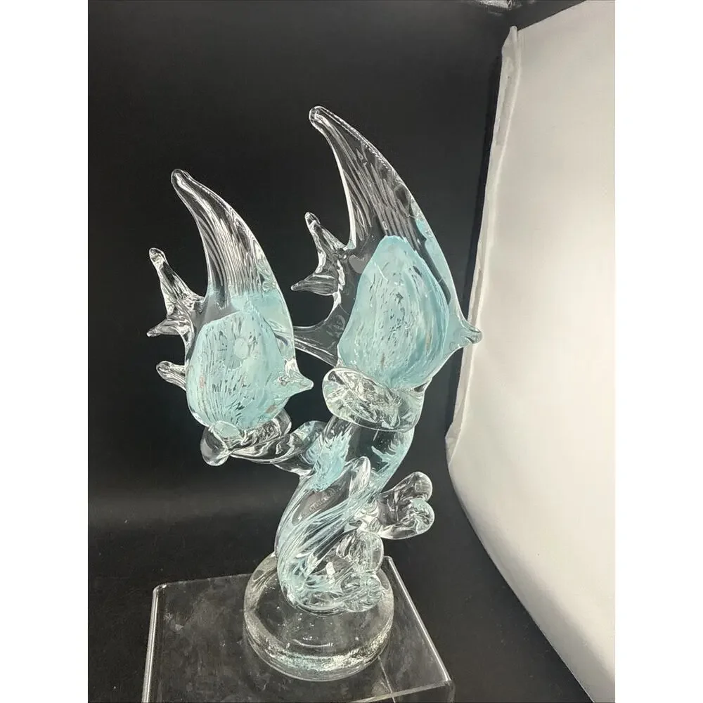 Vintage Murano Style Art Glass Double Angelfish on Wave Sculpture Blue Clear